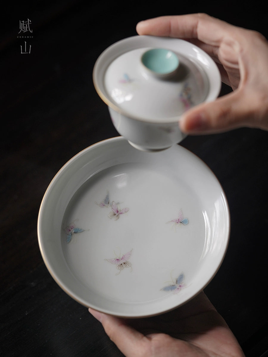 [賦山敘 x Gohobi] Turquoise Butterfly Teapot Base – Minimalist Pastel Ceramic Dry Brewing Tray for Gaiwan & Teapot