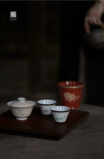 [賦山敘 x Gohobi] “Garden in Green” Hand-Painted Master Teacup – Jingdezhen Single Gongfu Cup with Ink-Toned Rim