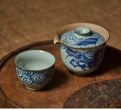 Gohobi Hand-painted Vintage Style Blue and White Dragon Gaiwan  Hohin Teapot