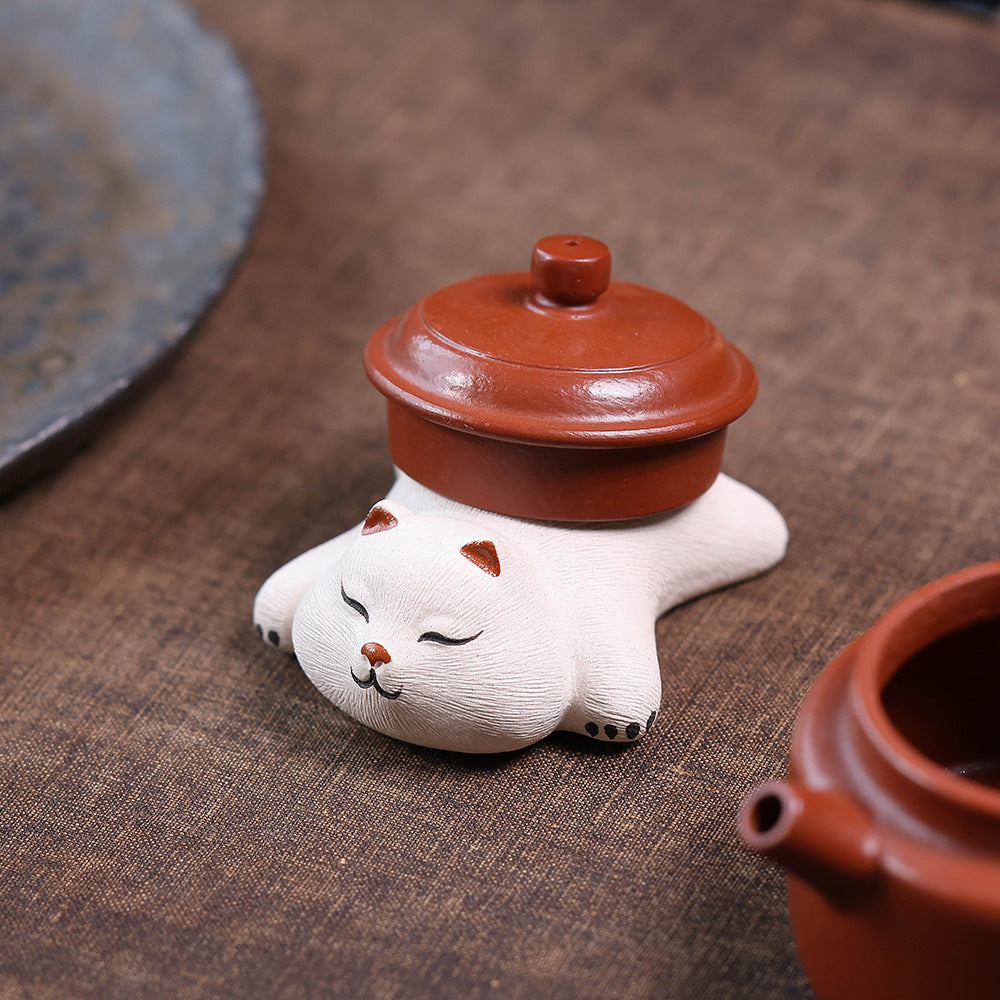 Gohobi Yixing Purple Clay Sleeping Cat Tea Pet – Handmade Lucky Cat Ornament