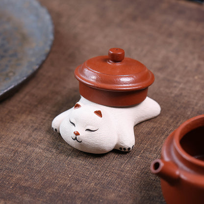 Gohobi Yixing Purple Clay Sleeping Cat Tea Pet – Handmade Lucky Cat Ornament