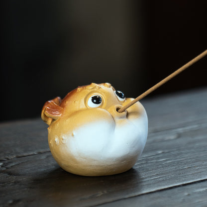 Gohobi Handmade Ceramic YiXing Clay Puffer Fish Ornament Tea pet incense holder