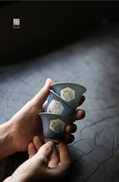 [賦山敘 x Gohobi] “Splash-Blue Stone & Poetry” Teacup Set – 3pcs Handcrafted Jingdezhen Ceramic Gongfu Tasting Cups