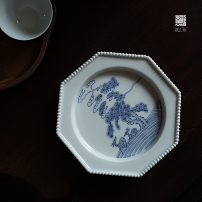 [賦山敘 x Gohobi] “High Mountain Deer” Blue and White Octagonal Tea Tray – Ceramic Pot Base for Gaiwan & Yixing Teapots