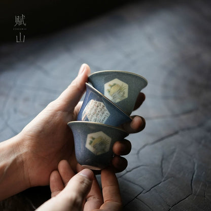 [賦山敘 x Gohobi] “Splash-Blue Stone & Poetry” Teacup Set – 3pcs Handcrafted Jingdezhen Ceramic Gongfu Tasting Cups