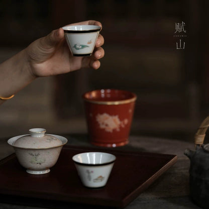 [賦山敘 x Gohobi] “Garden in Green” Hand-Painted Master Teacup – Jingdezhen Single Gongfu Cup with Ink-Toned Rim