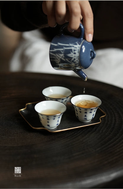 [賦山敘 x Gohobi] “Garden Bamboo” Splash-Blue Carved Teapot – Handcrafted Jingdezhen Ceramic Gongfu Teapot with Colored Glaze