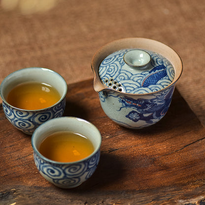 Gohobi Hand-painted Vintage Style Blue and White Dragon Gaiwan  Hohin Teapot