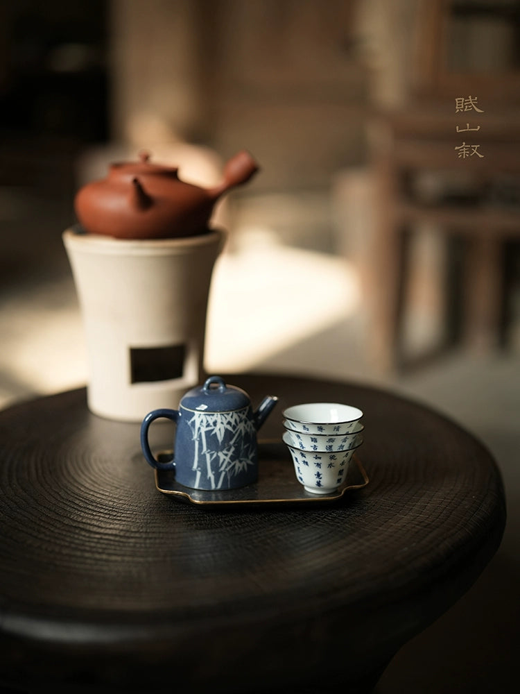[賦山敘 x Gohobi] Blue and White Calligraphy Teacup Set – 3pcs Jingdezhen Gongfu Master Cups with Silver Rim and Poetic Script