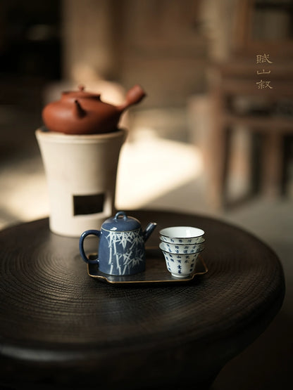 [賦山敘 x Gohobi] Blue and White Calligraphy Teacup Set – 3pcs Jingdezhen Gongfu Master Cups with Silver Rim and Poetic Script