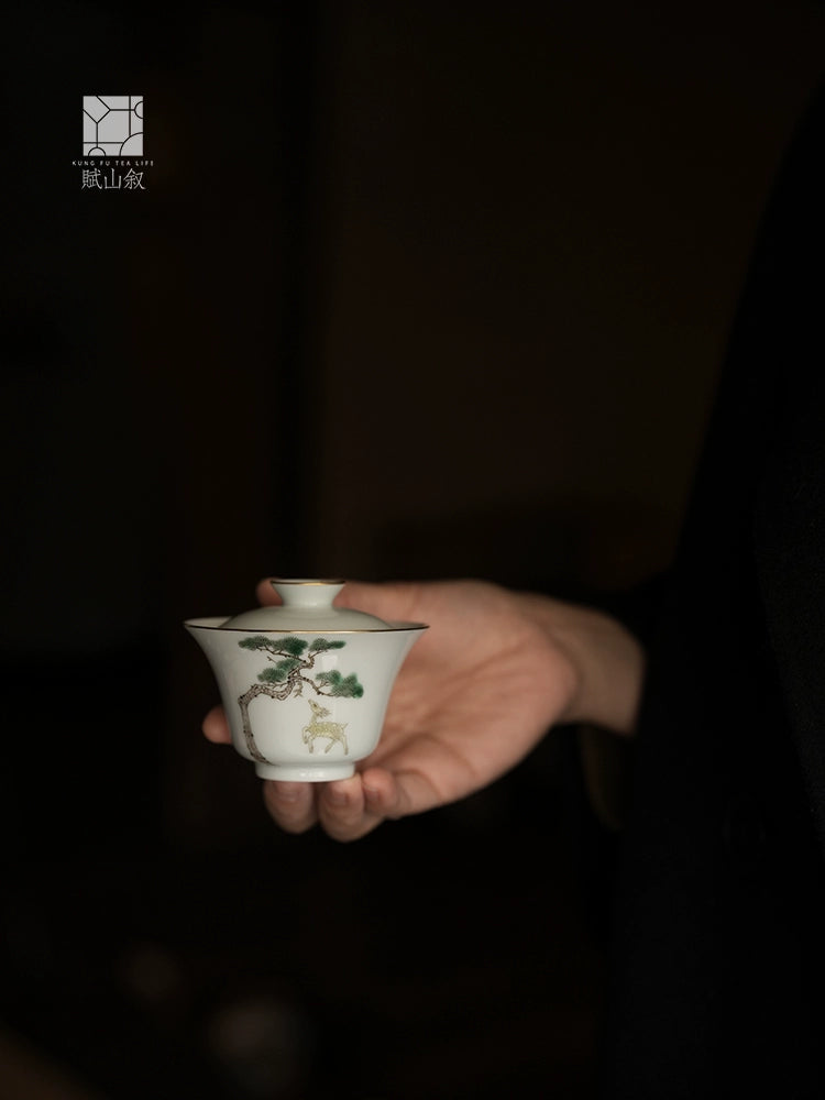 [賦山敘 x Gohobi] Gaiwan en pin et cerf peint à la main – Bol à thé Gongfu en céramique de style antique pour l'infusion du thé de roche