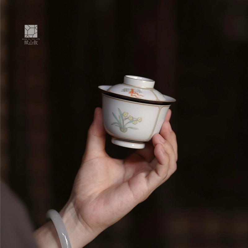 [賦山敘 x Gohobi] “Garden Offering” Green & Ink-Rimmed Gaiwan – Small Hand-Painted Ceramic Gongfu Tea Bowl for Rock Tea