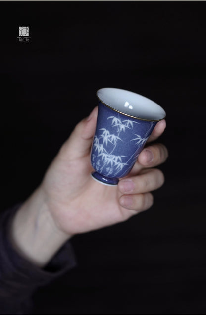 [賦山敘 x Gohobi] “Bamboo Pavilion” Splash-Blue Carved Aroma Cup – Single Ceramic Gongfu Master Tasting Cup