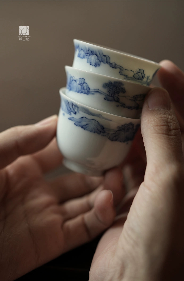 [賦山敘 x Gohobi] Blue and White Landscape Teacup Set – 3pcs Hand-Painted Porcelain Gongfu Cups with Minimalist Brushwork