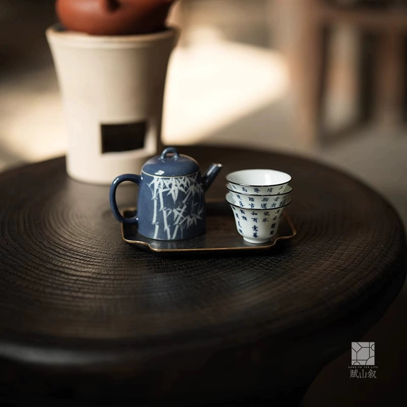 [賦山敘 x Gohobi] Blue and White Calligraphy Teacup Set – 3pcs Jingdezhen Gongfu Master Cups with Silver Rim and Poetic Script