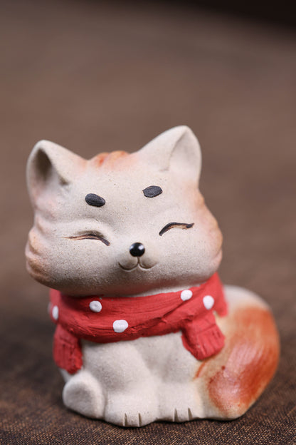 Gohobi Yixing Purple Clay Fox Cat Tea Pet – Hand-Painted Lucky Cat Ornament