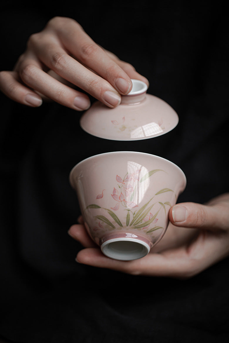 Gohobi White Porcelain Hand-Painted Orchid Gaiwan