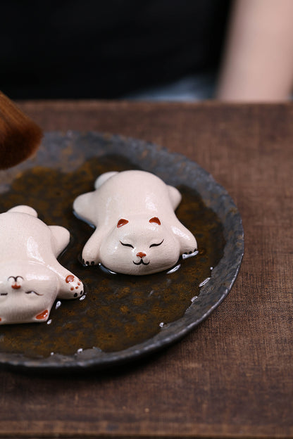 Gohobi Yixing Purple Clay Sleeping Cat Tea Pet – Handmade Lucky Cat Ornament