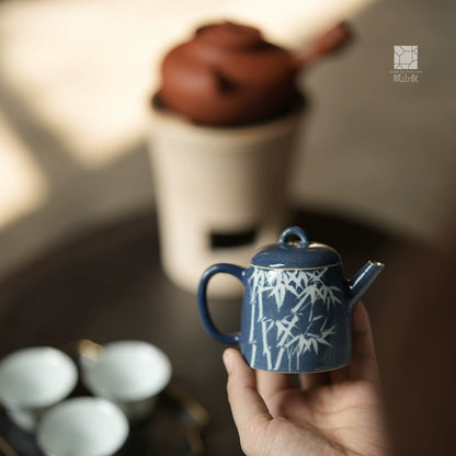 [賦山敘 x Gohobi] “Garden Bamboo” Splash-Blue Carved Teapot – Handcrafted Jingdezhen Ceramic Gongfu Teapot with Colored Glaze