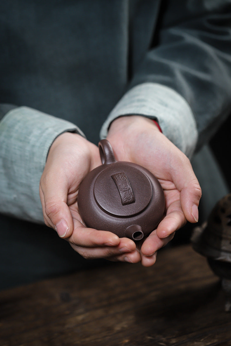 [Chingshui Tang 青水堂] Handmade Yixing Purple Zisha Clay Teapot – 120ml Original Ore Tianqing Clay Ruihu (Auspicious Tiger) Style Gongfu Teapot with Built-in Filter