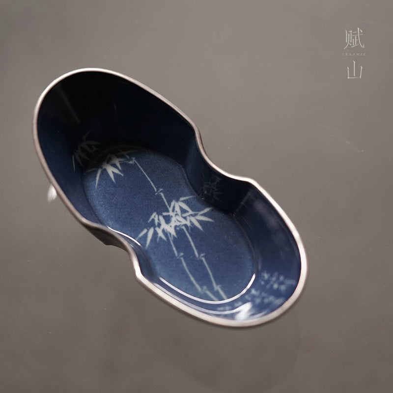 [賦山敘 x Gohobi] Splash-Blue Carved Bamboo Tea Scoop – Silver-Rimmed Ceramic Cha He for Gongfu Tea Serving