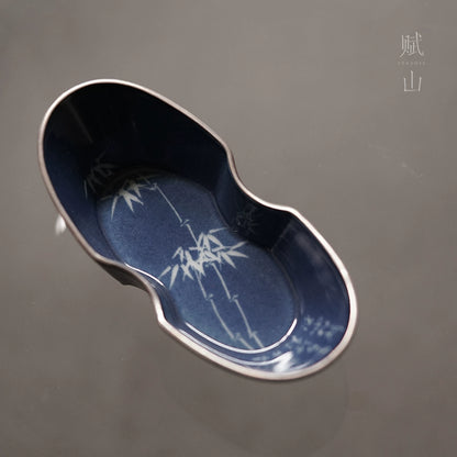 [賦山敘 x Gohobi] Splash-Blue Carved Bamboo Tea Scoop – Silver-Rimmed Ceramic Cha He for Gongfu Tea Serving