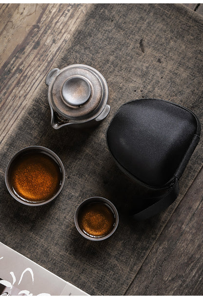 Gohobi Vintage Rustic Ceramic Travel Tea Set