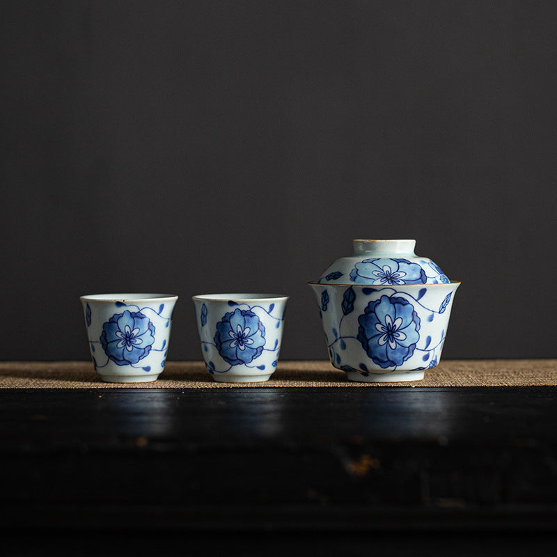 Gohobi Blue and White Lotus Gaiwan Three-Piece Set