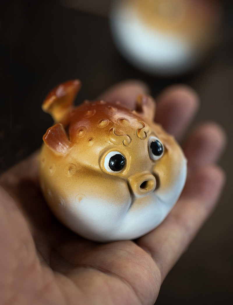 Gohobi Handmade Ceramic YiXing Clay Puffer Fish Ornament Tea pet incense holder