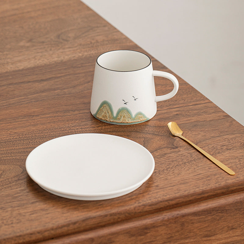 Gohobi Handmade Chinese Art Pattern Stoneware Coffee Mug and Saucer Set