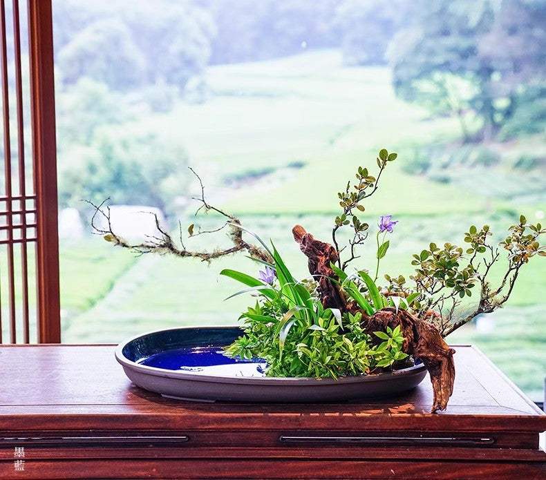 Gohobi Extra Large Oval Ikebana Bowl – Japanese Ceramic Flower Arrangement Vessel