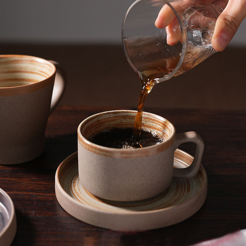 Gohobi Handmade Stoneware Black and Brown Coffee Mug and Saucer