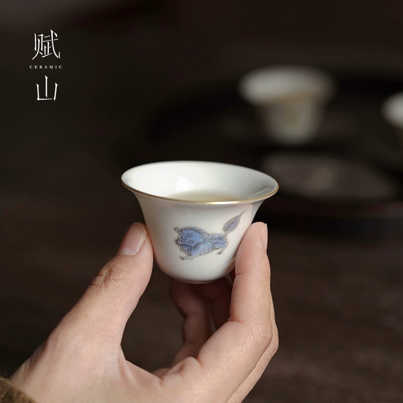 [賦山敘 x Gohobi] Hand-Painted “Playful Guardian Lion” Teacup Set – Set of 3 Gilded New Chinese Style Bell-Shaped Cups