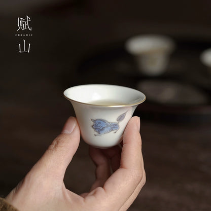 [賦山敘 x Gohobi] Hand-Painted “Playful Guardian Lion” Teacup Set – Set of 3 Gilded New Chinese Style Bell-Shaped Cups