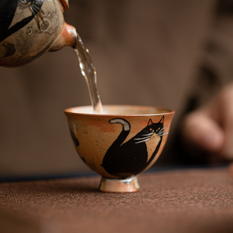 Gohobi Handmade Black Ink Hand-painted Cat Tea Cup 002