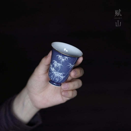 [賦山敘 x Gohobi] “Bamboo Pavilion” Splash-Blue Carved Aroma Cup – Single Ceramic Gongfu Master Tasting Cup