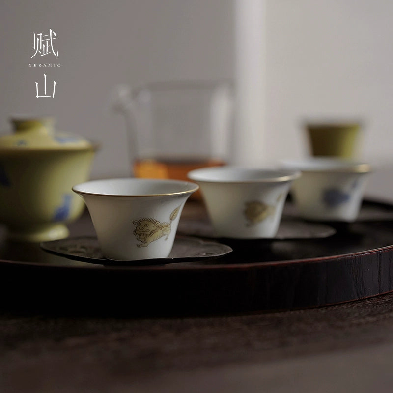 [賦山敘 x Gohobi] Hand-Painted “Playful Guardian Lion” Teacup Set – Set of 3 Gilded New Chinese Style Bell-Shaped Cups