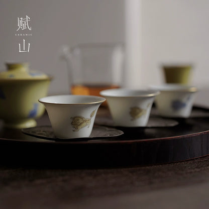 [賦山敘 x Gohobi] Hand-Painted “Playful Guardian Lion” Teacup Set – Set of 3 Gilded New Chinese Style Bell-Shaped Cups