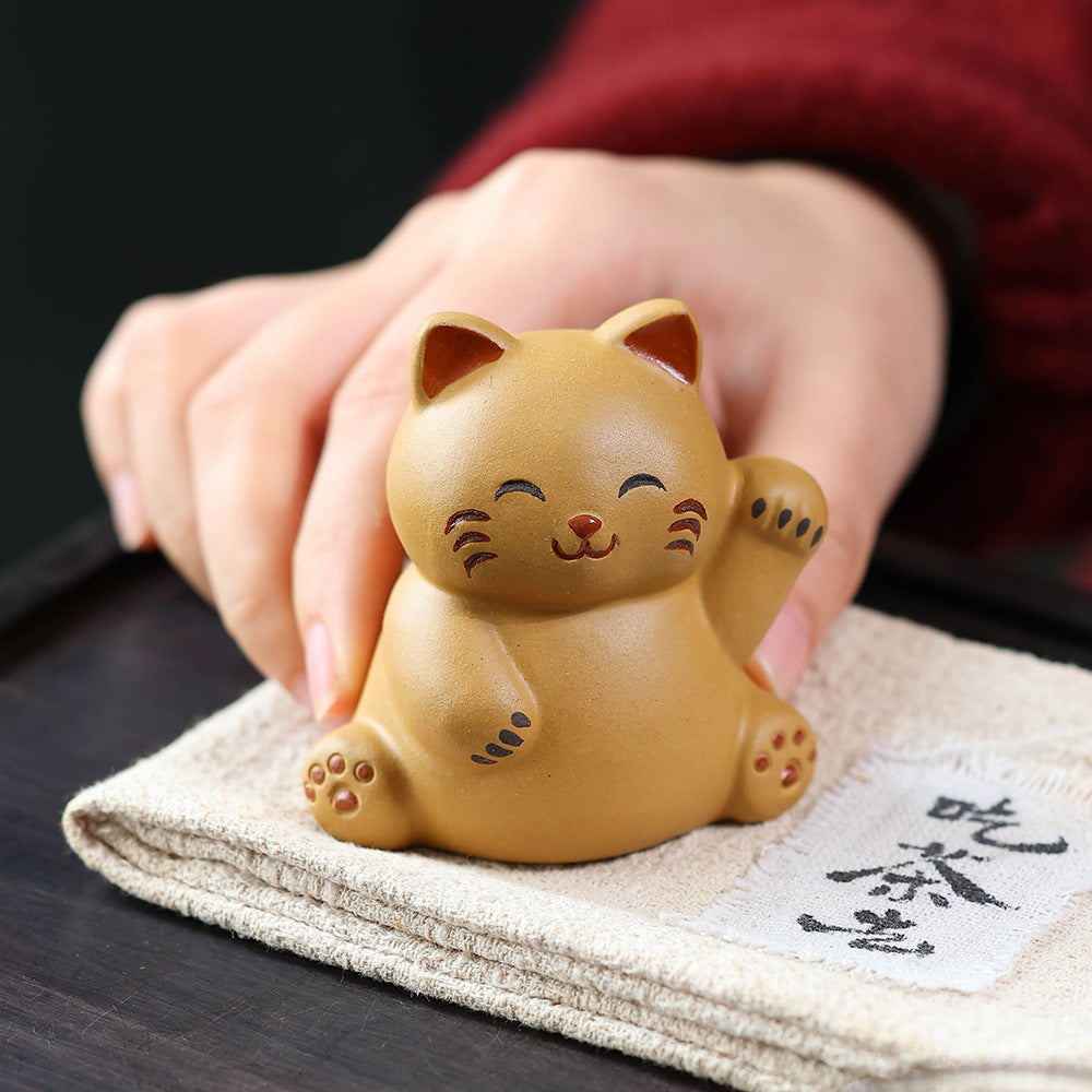 Gohobi Yixing Purple Clay Lucky Cat Tea Pet – Handmade Fortune Cat Tea Table Ornament