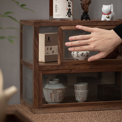 Gohobi Walnut Wood Glass Tea Cabinet (Two Single Sliding Door)