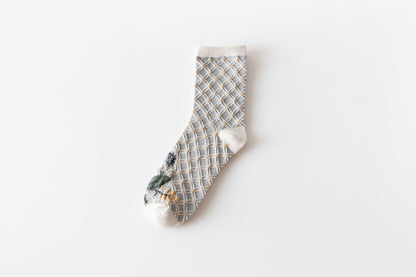 BlossomBreeze Women's Floral Cotton Socks - Japanese Retro Plaid