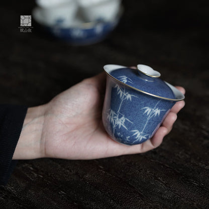[賦山敘 x Gohobi] “Qingping Yue” Splash-Blue Carved Gaiwan – Bamboo Pattern Double-Walled Ceramic Gongfu Tea Bowl