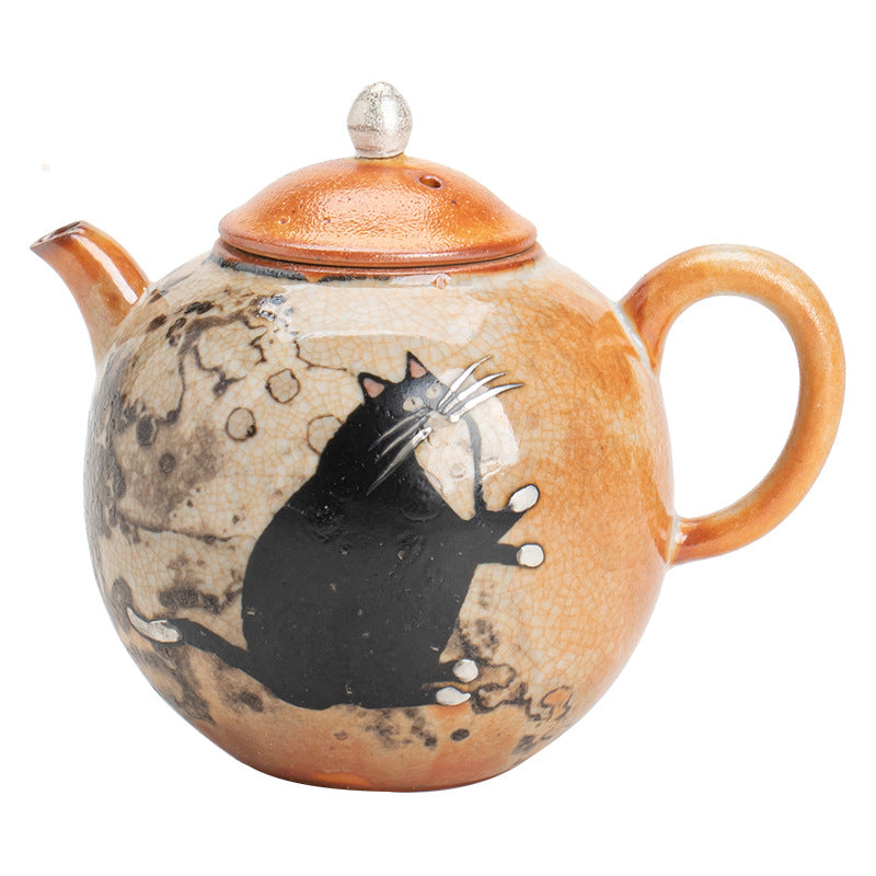 Gohobi Handmade Black Ink Hand-painted Cat Teapot 005