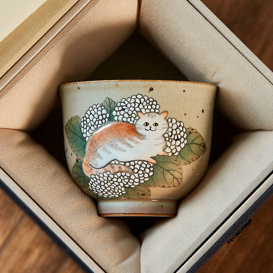 Gohobi Hand-painted Cat Hydrangeas Ceramic Tea Cup