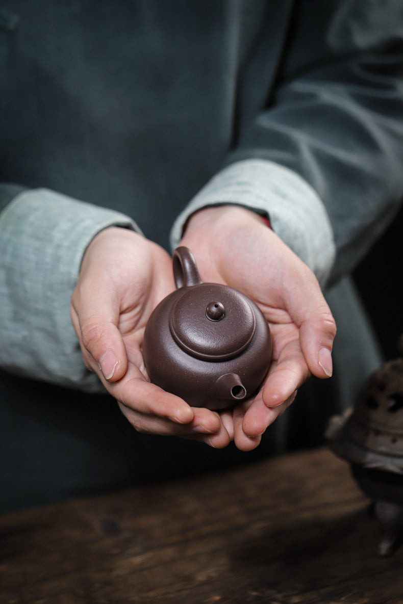 [Chingshui Tang 青水堂] Handmade Yixing Celadon Zisha Clay Teapot – 110ml Handmade Tianqing Paozun Shui Ping Teapot, Thin Body with Built-in Filter, Original Ore Purple Clay Teaware