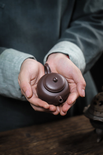 [Chingshui Tang 青水堂] Handmade Yixing Celadon Zisha Clay Teapot – 110ml Handmade Tianqing Paozun Shui Ping Teapot, Thin Body with Built-in Filter, Original Ore Purple Clay Teaware