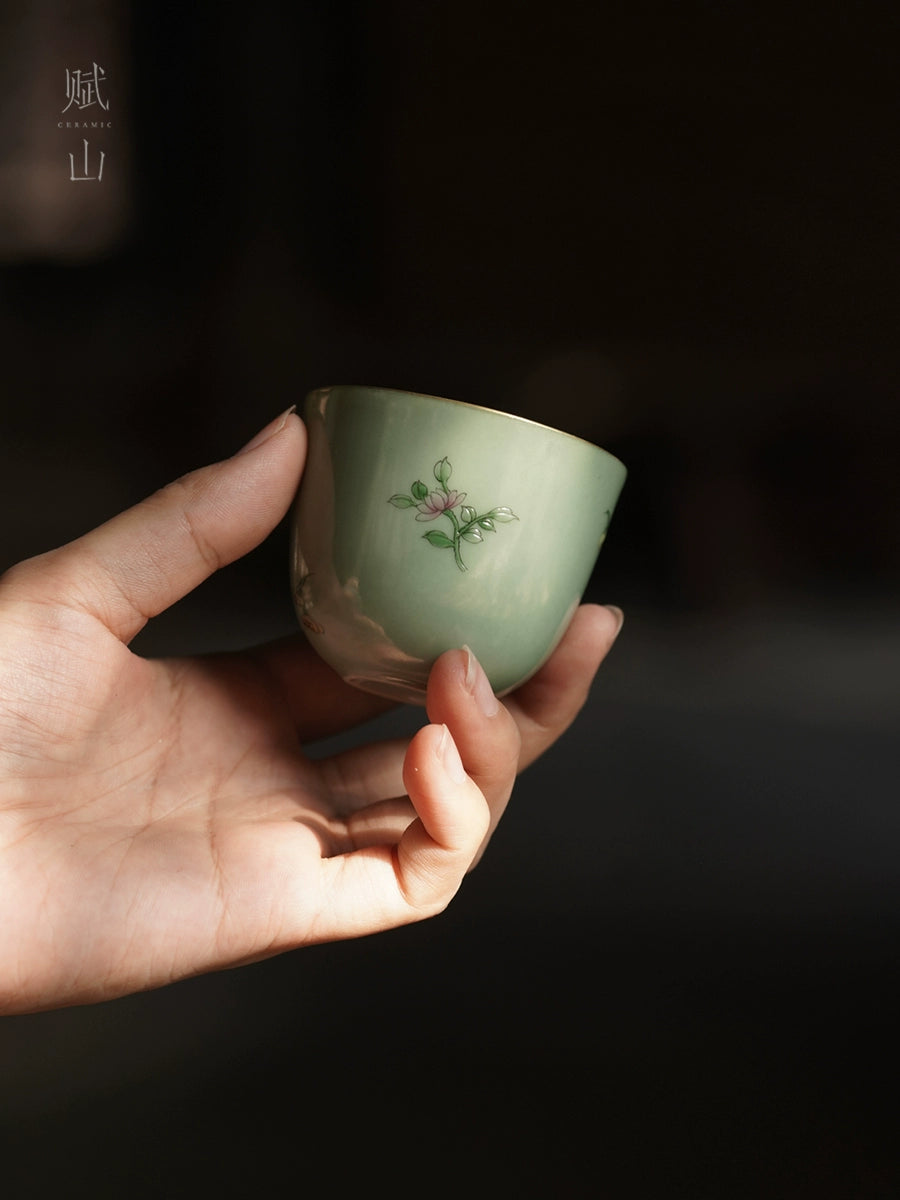 [賦山敘 x Gohobi] Antique-Style “Stone Blue Floral” Master Cup – Handmade Ceramic Aroma & Tasting Cup