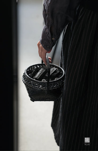 [賦山敘 x Gohobi] Handwoven Double-Layer Bamboo Charcoal Basket – Japanese-Style Aged Finish with Lacquered Ash Holder for Teaware Rituals