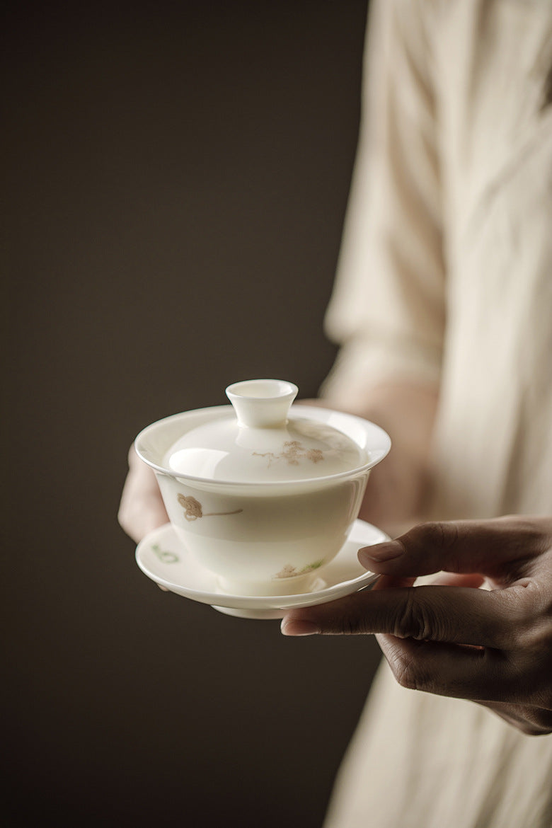 Gohobi Handmade White Porcelain Gaiwan – Thin Porcelain Tea Bowl with Saucer