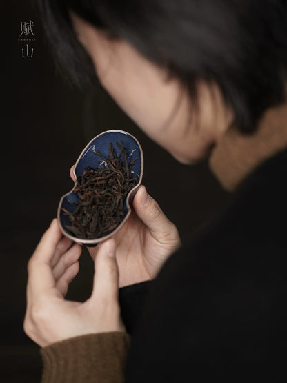 [賦山敘 x Gohobi] Splash-Blue Carved Bamboo Tea Scoop – Silver-Rimmed Ceramic Cha He for Gongfu Tea Serving